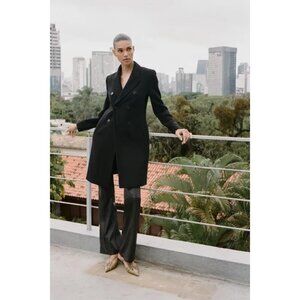 Zara Womens Coat Jacket M Medium Black Wool Blend Double-Breasted 2443/826 NWT